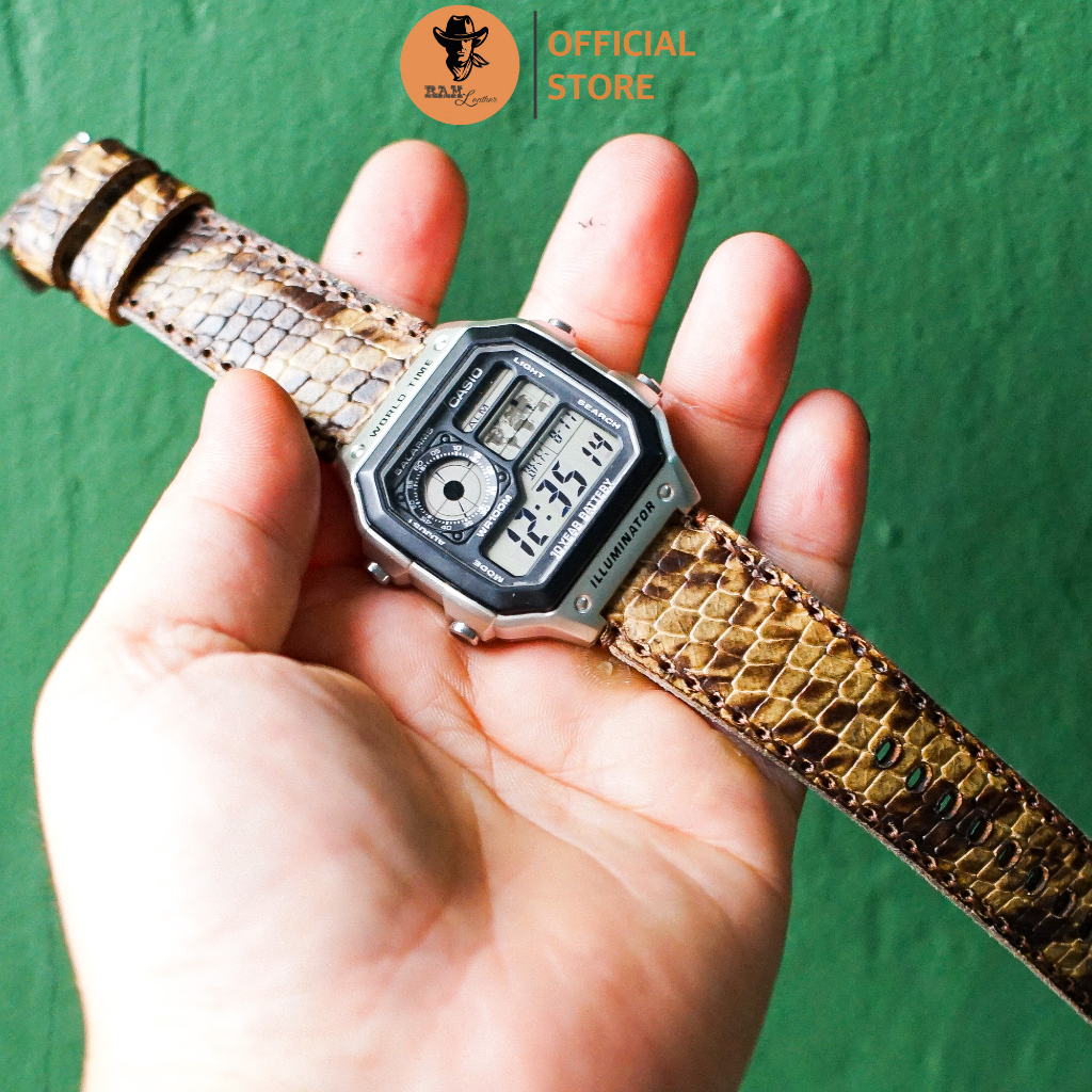 Dây Đồng Hồ Da Thật RAM Leather Cho Casio AE 1200 WHD và đồng hồ dây 18mm Da Dê Rằn Ri Vàng RAM Leather 1995  Bền Đẹp