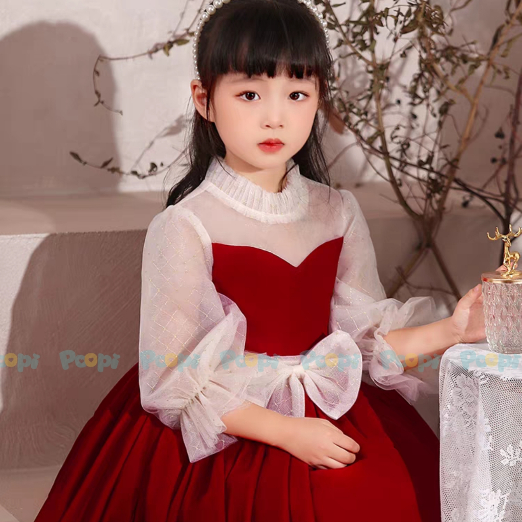 Váy Công Chúa Poopi Dáng Xòe Kiểu Dài Tay Màu Đỏ Xinh Đẹp Cho Bé Mặc Đi Chơi Đi Học