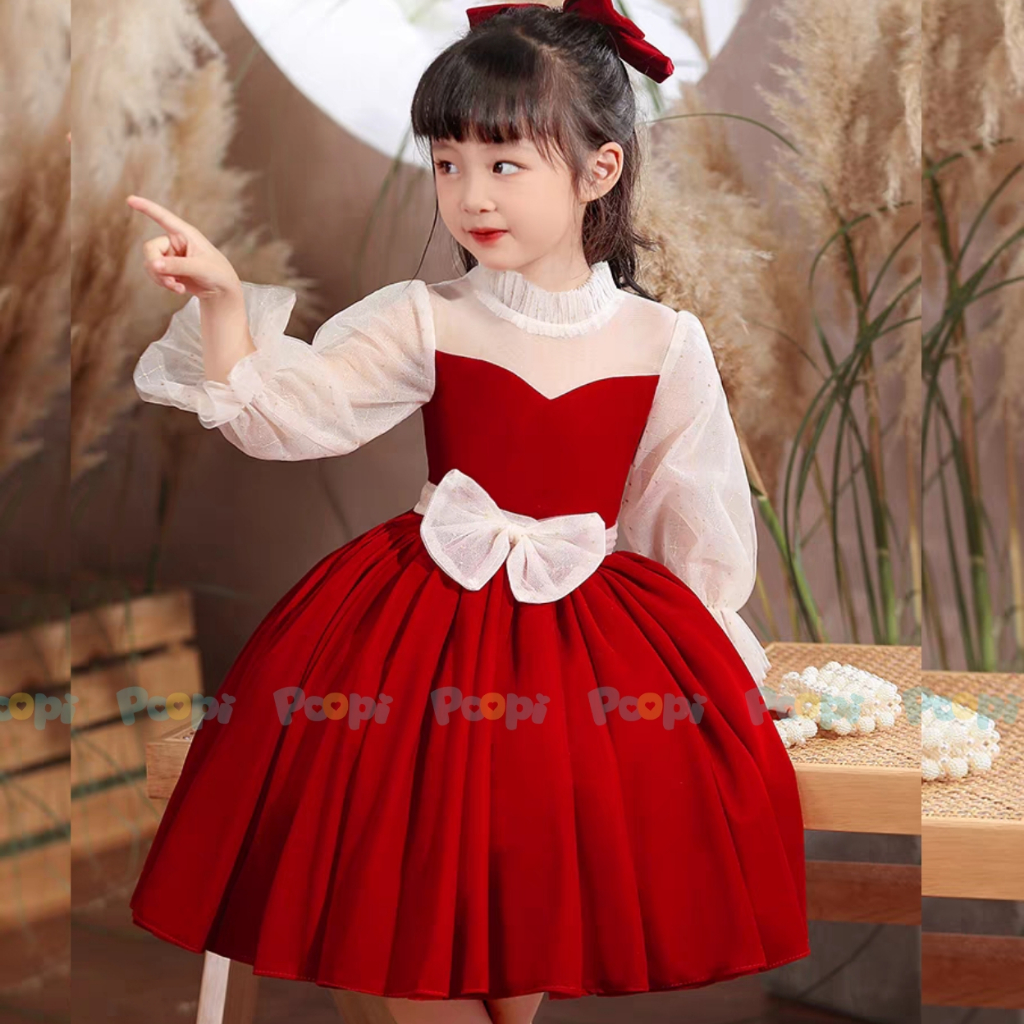 Váy Công Chúa Poopi Dáng Xòe Kiểu Dài Tay Màu Đỏ Xinh Đẹp Cho Bé Mặc Đi Chơi Đi Học