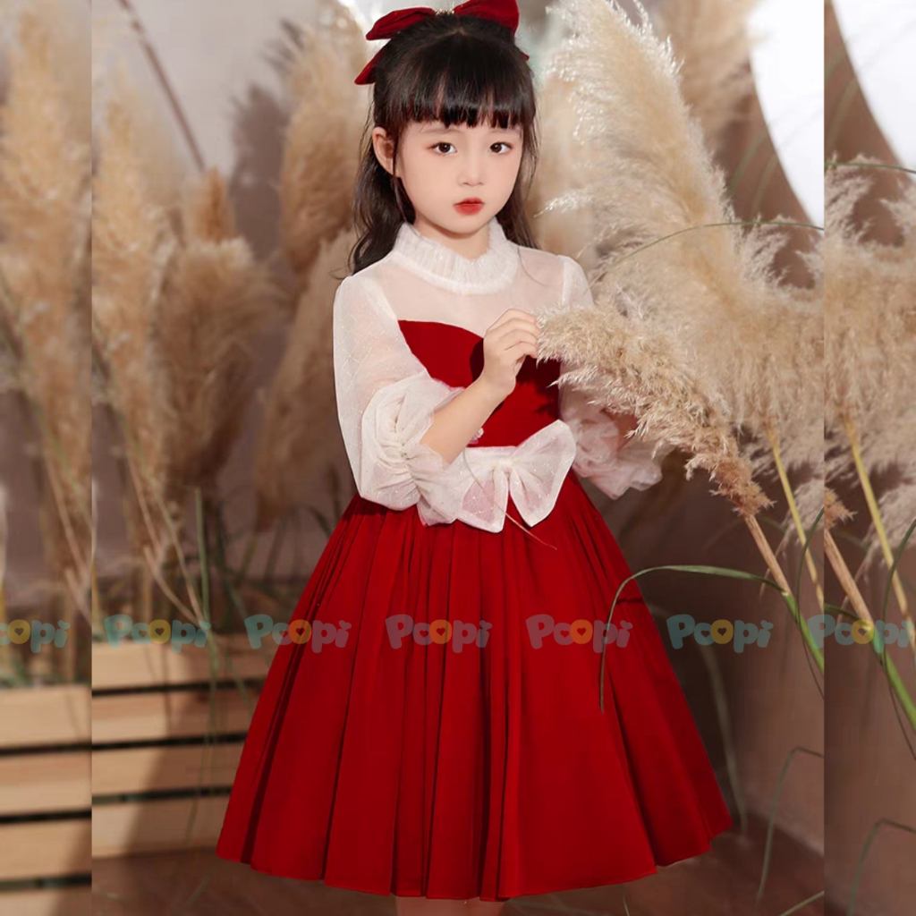 Váy Công Chúa Poopi Dáng Xòe Kiểu Dài Tay Màu Đỏ Xinh Đẹp Cho Bé Mặc Đi Chơi Đi Học