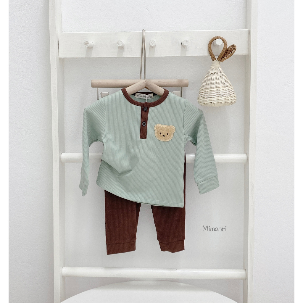 Bộ Dài Tay Cho Bé Trai, Bé Gái MIMONRI Vải Thun Gân Thêu Gấu Cúc Ngực, Đồ Bộ Cho Bé Mặc Thu Đông KWTD304