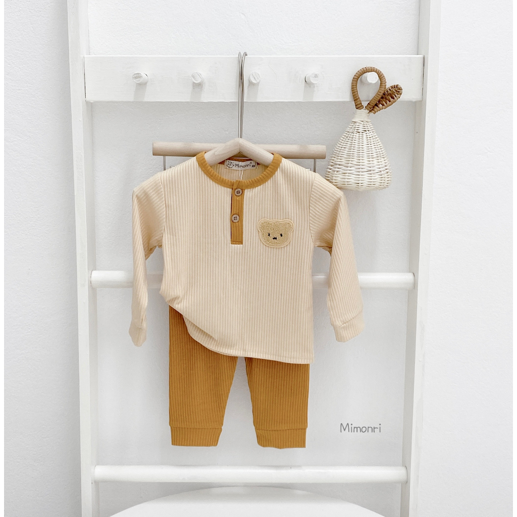 Bộ Dài Tay Cho Bé Trai, Bé Gái MIMONRI Vải Thun Gân Thêu Gấu Cúc Ngực, Đồ Bộ Cho Bé Mặc Thu Đông KWTD304