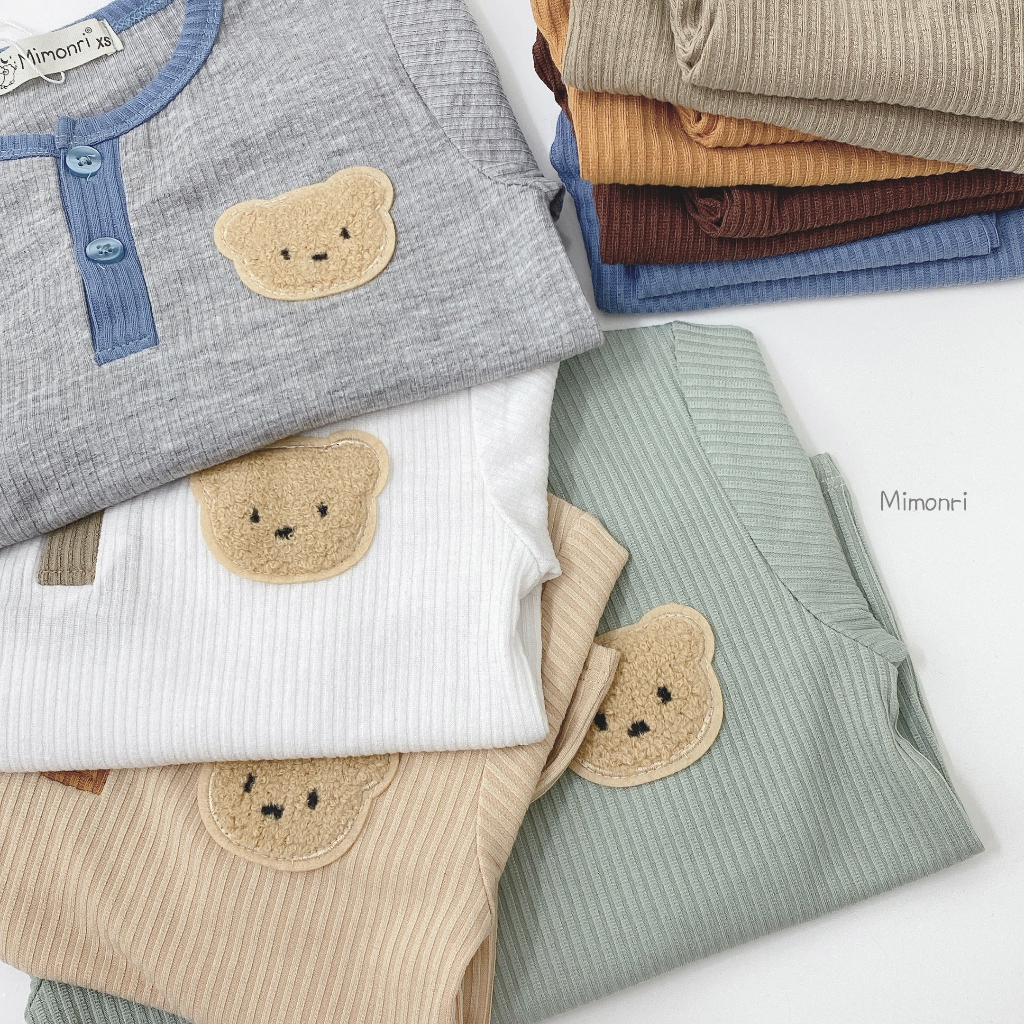 Bộ Dài Tay Cho Bé Trai, Bé Gái MIMONRI Vải Thun Gân Thêu Gấu Cúc Ngực, Đồ Bộ Cho Bé Mặc Thu Đông KWTD304