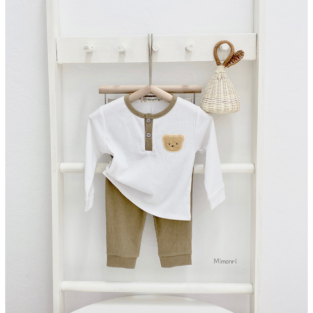 Bộ Dài Tay Cho Bé Trai, Bé Gái MIMONRI Vải Thun Gân Thêu Gấu Cúc Ngực, Đồ Bộ Cho Bé Mặc Thu Đông KWTD304