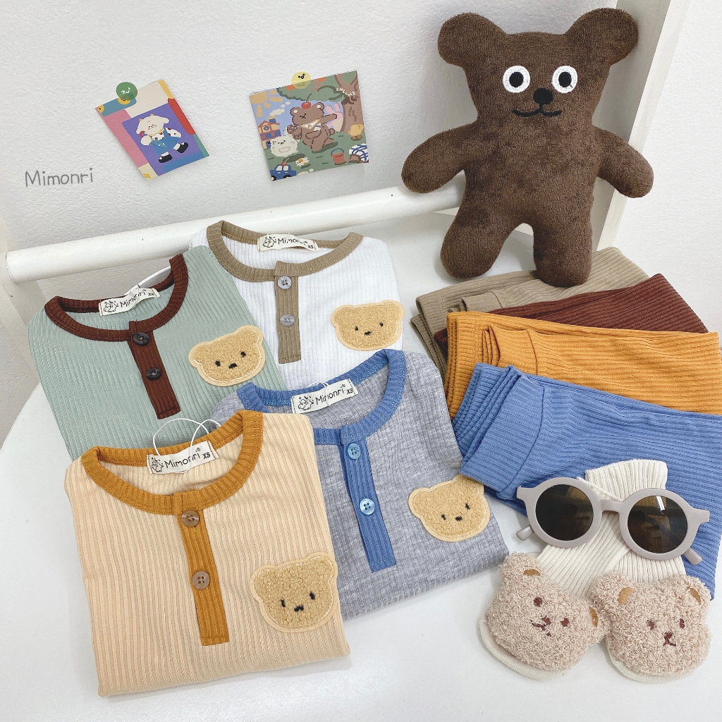 Bộ Dài Tay Cho Bé Trai, Bé Gái MIMONRI Vải Thun Gân Thêu Gấu Cúc Ngực, Đồ Bộ Cho Bé Mặc Thu Đông KWTD304