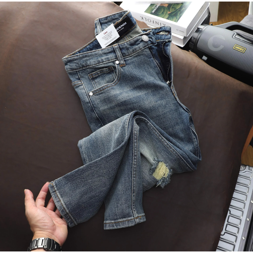 Quần jean nam ICONDENIM Mid Blue Wash Distressed chất dày dặn phần lưng lót Cotton mềm mại thoải mát - QJID0099
