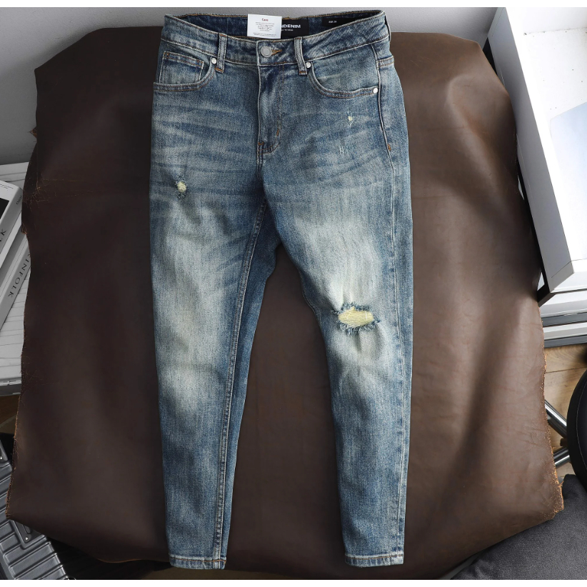 Quần jean nam ICONDENIM Mid Blue Wash Distressed chất dày dặn phần lưng lót Cotton mềm mại thoải mát - QJID0099