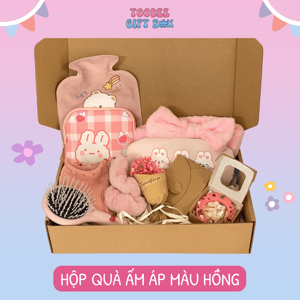 Set quà Túi Chườm Ấm Áp màu hồng tặng bạn gái, người thân, bạn bè dịp đặc biệt, kèm thiệp và hoa Toodee Gift Box PK01