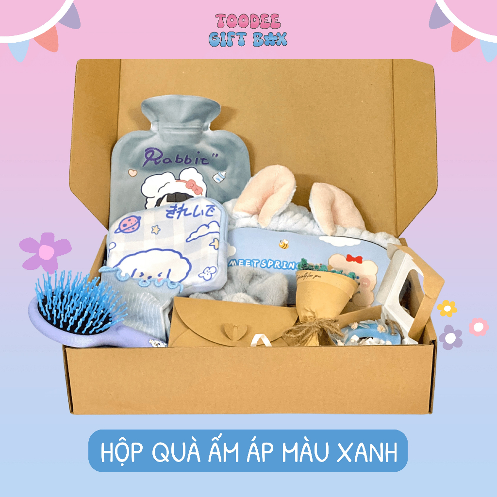 Set quà Túi Chườm Ấm Áp màu xanh tặng bạn gái, người thân, bạn bè dịp đặc biệt, kèm thiệp và hoa Toodee Gift Box BE01