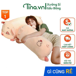 Gấu bông gối ôm Tina Heo mắt híp bông cao cấp, vỏ nhung Hàn Quốc mềm mịn, co dãn 4 chiều, size 45cm - 110cm