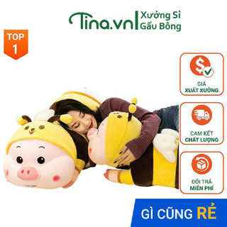 Gấu bông gối ôm Tina Heo mặc đồ chú ong bông cao cấp, vỏ nhung Hàn Quốc mềm mịn, co dãn 4 chiều, size 90cm - 110cm