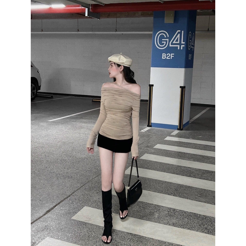 Áo thun mùa thu đông nữ trễ vai dúm eo dài tay dáng ôm body kiểu hàn quốc