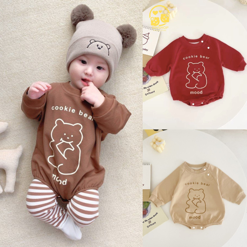 Body chip dài tay Hình Gấu đáng yêu cho bé, Quần áo sơ sinh kèm quần tất chất cotton mềm mịn, Bodysuit cho bé từ 0-12M