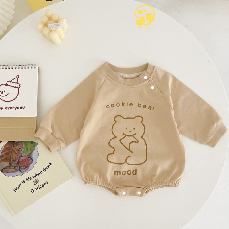 Body chip dài tay Hình Gấu đáng yêu cho bé, Quần áo sơ sinh kèm quần tất chất cotton mềm mịn, Bodysuit cho bé từ 0-12M