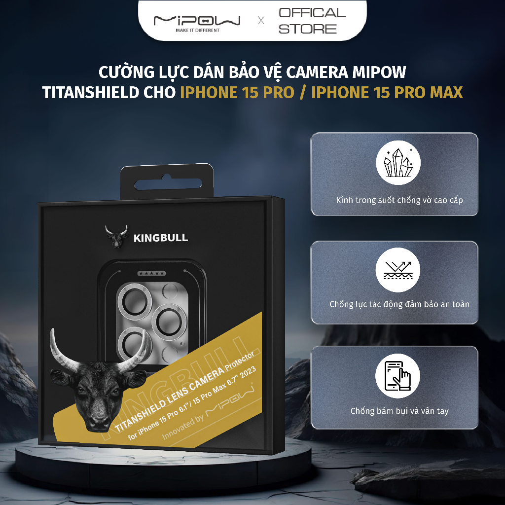 Cường lực dán bảo vệ camera MIPOW TitanShield cho iPhone 15 Pro / 15 Pro Max - Hàng Chính Hãng