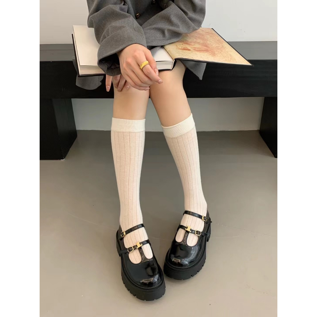 Giày búp bê mũi tròn đế dày hai dây ngang họa tiết Giày Lisa lolita tiểu thư sang Kichi Shoes mã 1040