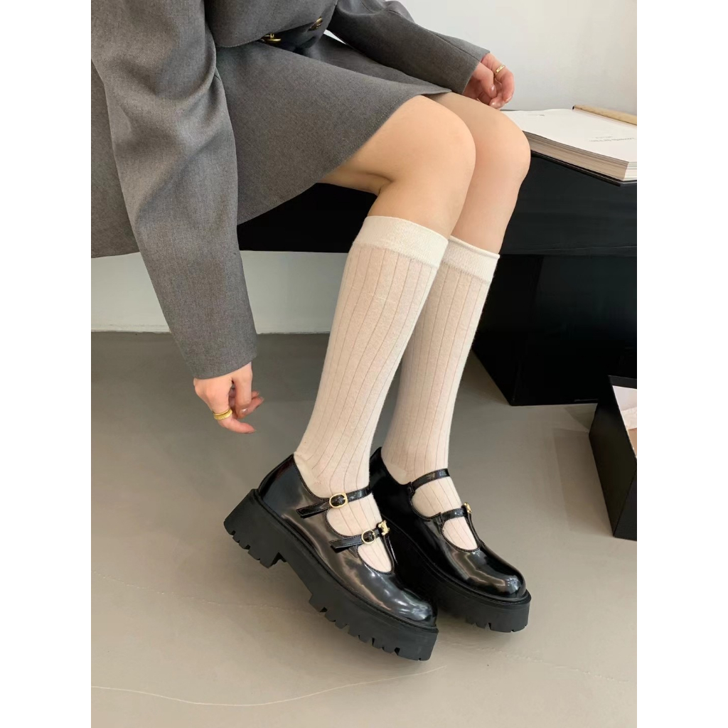 Giày búp bê mũi tròn đế dày hai dây ngang họa tiết Giày Lisa lolita tiểu thư sang Kichi Shoes mã 1040