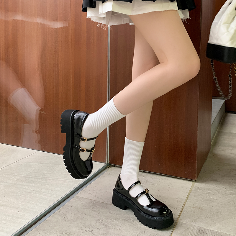 Giày búp bê mũi tròn đế dày hai dây ngang họa tiết Giày Lisa lolita tiểu thư sang Kichi Shoes mã 1040