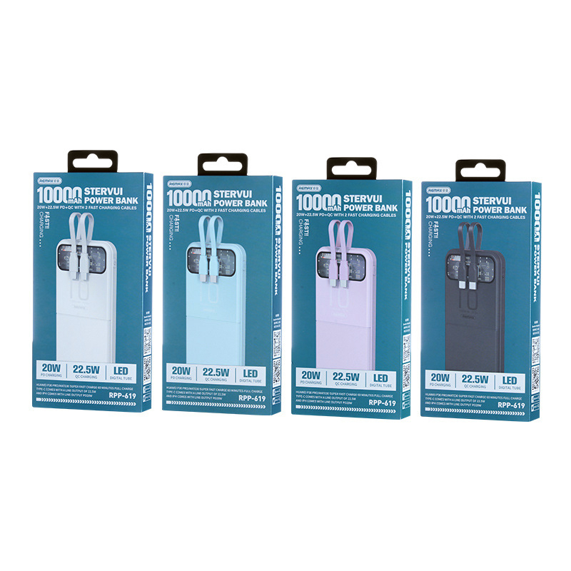Pin dự phòng sạc nhanh Remax RPP-619 STERVUI 10000mAh tích hợp 2 cáp - hỗ trợ QC 22.5W và PD 20W