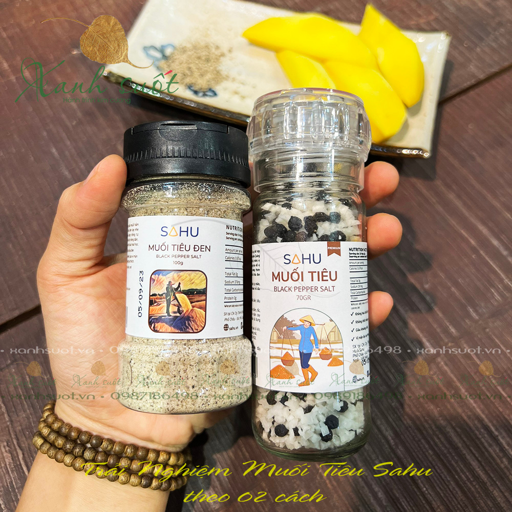 Muối Tiêu Đen 100G- Sahu Black Pepper Salt- Vị Mặn Dịu, Cay Thơm & Êm, Không Hóa Chất, Giàu Khoáng [Xanh Suốt]