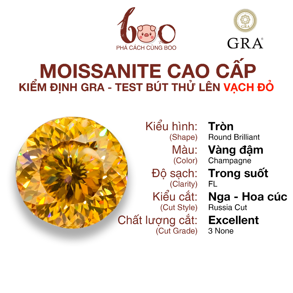 Kim cương Moissanite Vàng Champ giác hoa cúc , độ sạch FL Thử bút lên vạch đỏ Kèm Kiểm Định GRA
