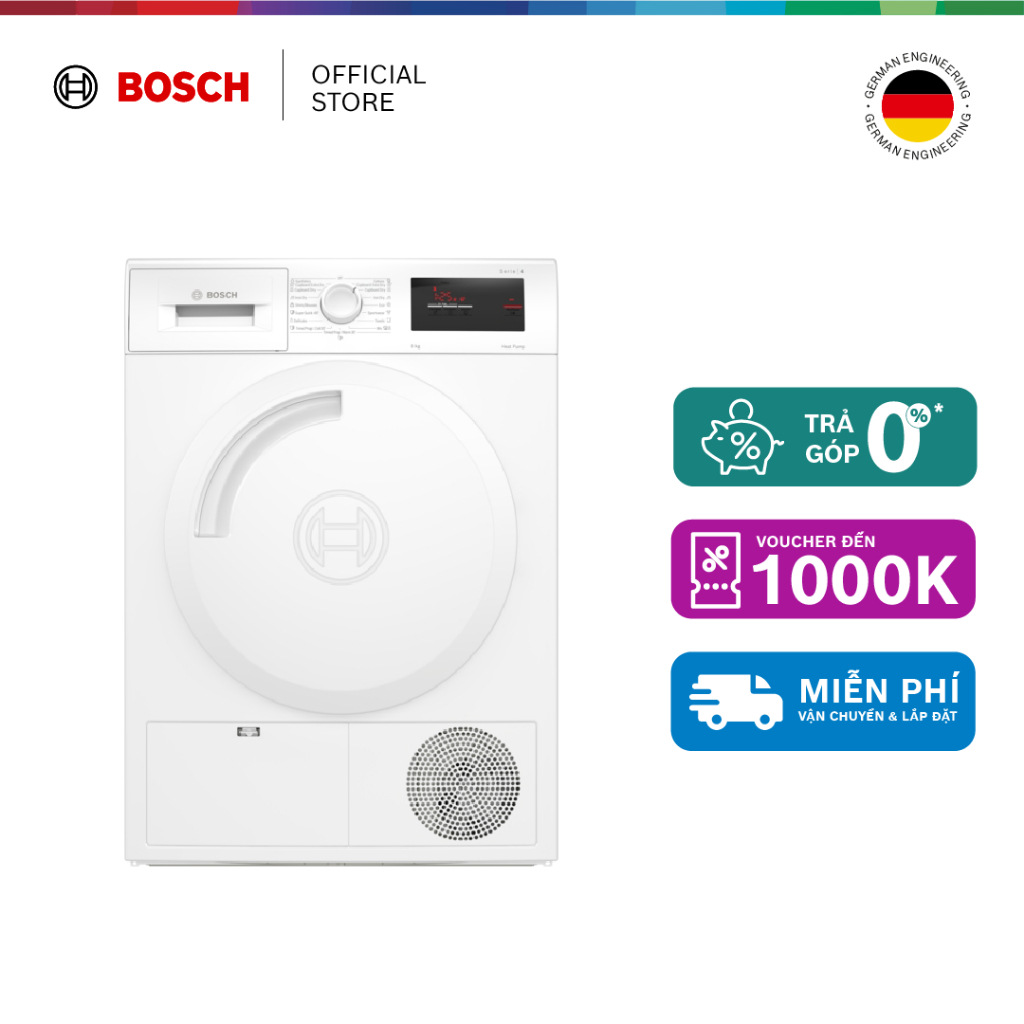 Máy sấy Bosch bơm nhiệt 8kg WTH83028SG - Series 4 - Hàng chính hãng