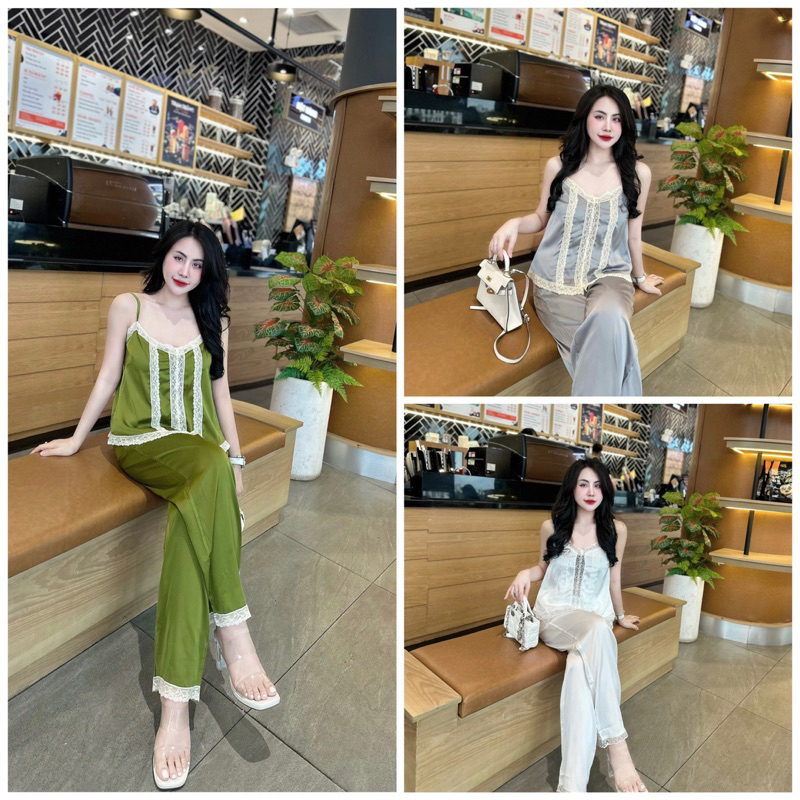 Bộ lụa dây phối ren quần dài. lụa latin mềm, mịn, ko nhăn