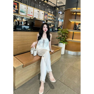 Bộ lụa dây phối ren quần dài. lụa latin mềm, mịn, ko nhăn