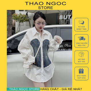 Áo sơ mi jean tay ngắn kèm cà vạt, áo sơ mi bo form rộng! thảo ngọc store