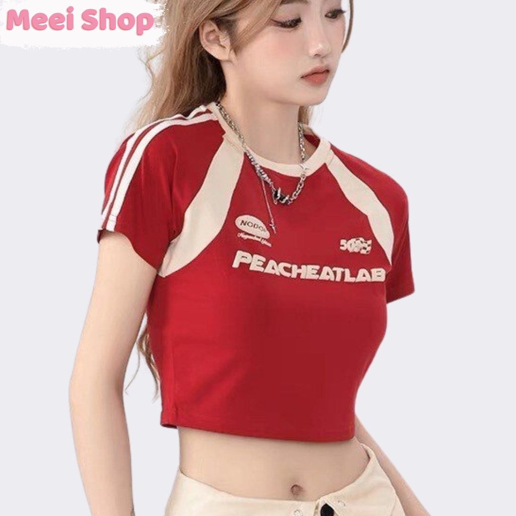 Áo croptop nữ phối viền in chữ Meei shop, Áo thun nữ phong cách cá tính năng động -A114-