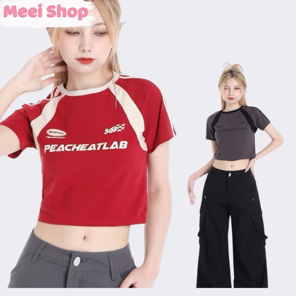 Áo croptop nữ phối viền in chữ Meei shop, Áo thun nữ phong cách cá tính năng động -A114-