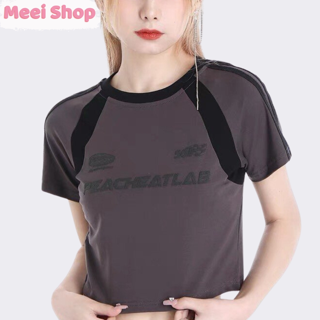 Áo croptop nữ phối viền in chữ Meei shop, Áo thun nữ phong cách cá tính năng động -A114-