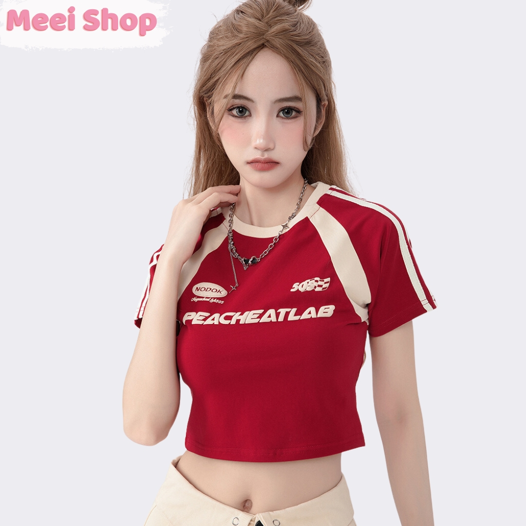 Áo croptop nữ phối viền in chữ Meei shop, Áo thun nữ phong cách cá tính năng động -A114-