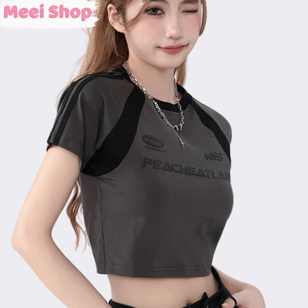 Áo croptop nữ phối viền in chữ Meei shop, Áo thun nữ phong cách cá tính năng động -A114-