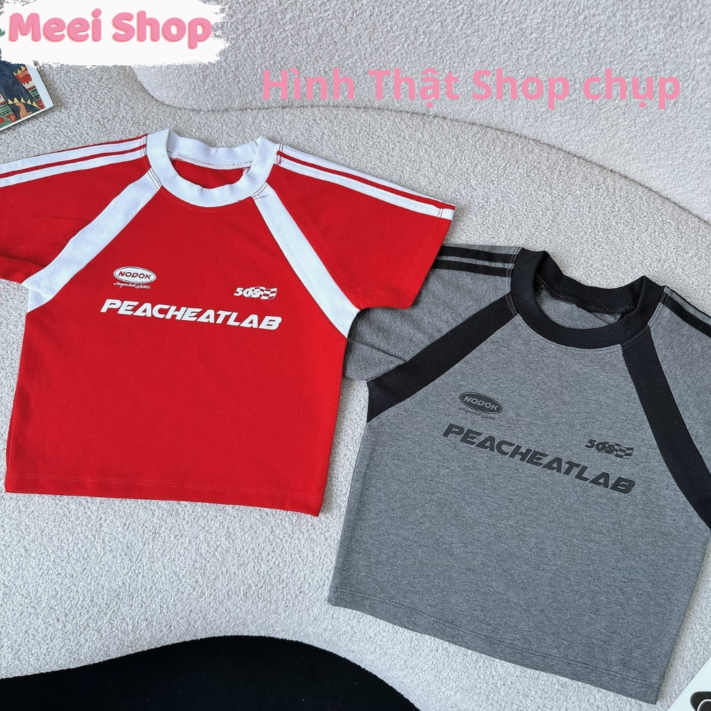 Áo croptop nữ phối viền in chữ Meei shop, Áo thun nữ phong cách cá tính năng động -A114-