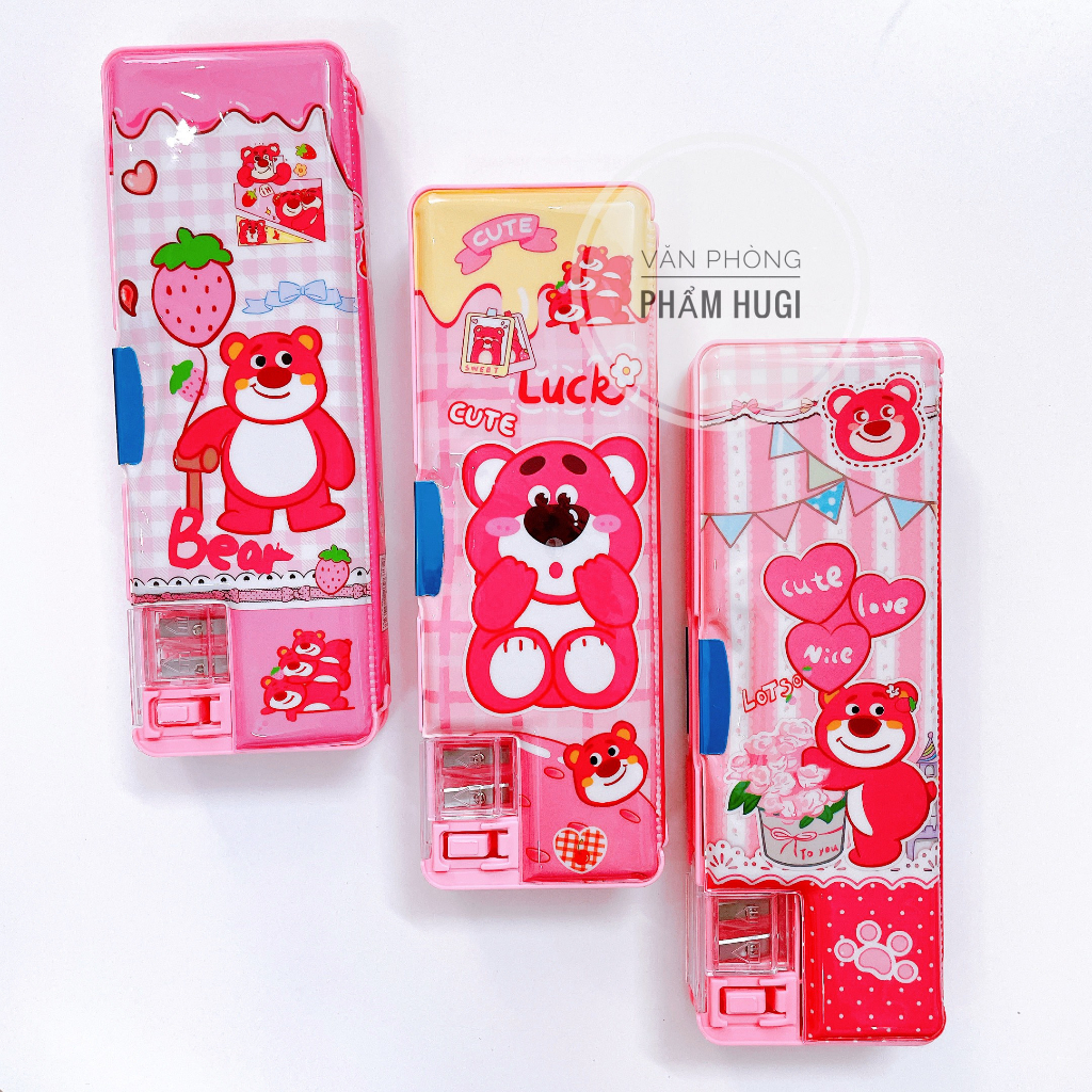 Hộp Đựng Bút gấu dâu Losto 2 ngăn nắp hít  dễ thương dành cho học sinh