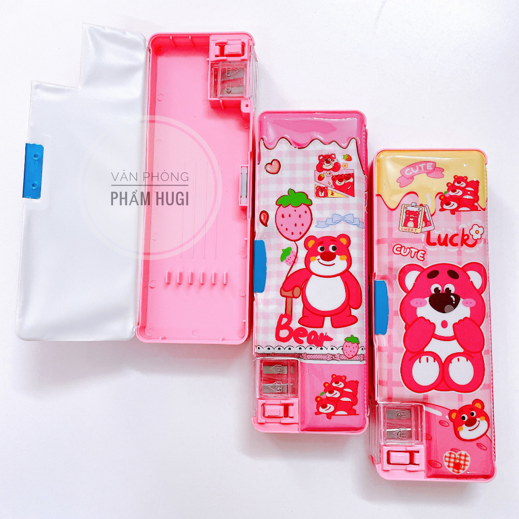 Hộp Đựng Bút gấu dâu Losto 2 ngăn nắp hít  dễ thương dành cho học sinh