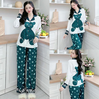Bộ Gấu Xanh Lụa Xước Ánh Kim