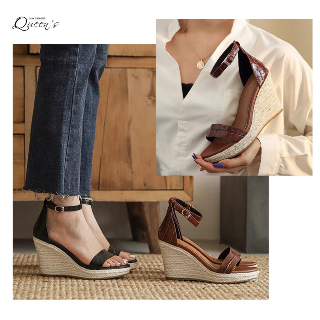 Giày Sandal Cao Gót Màu Nâu Vân Rắn Tôn Dáng, Giày Cói Đế Dạng Xuồng Màu Nâu Vân Quai Ngang Cho Nữ Cao 9-10 Phân