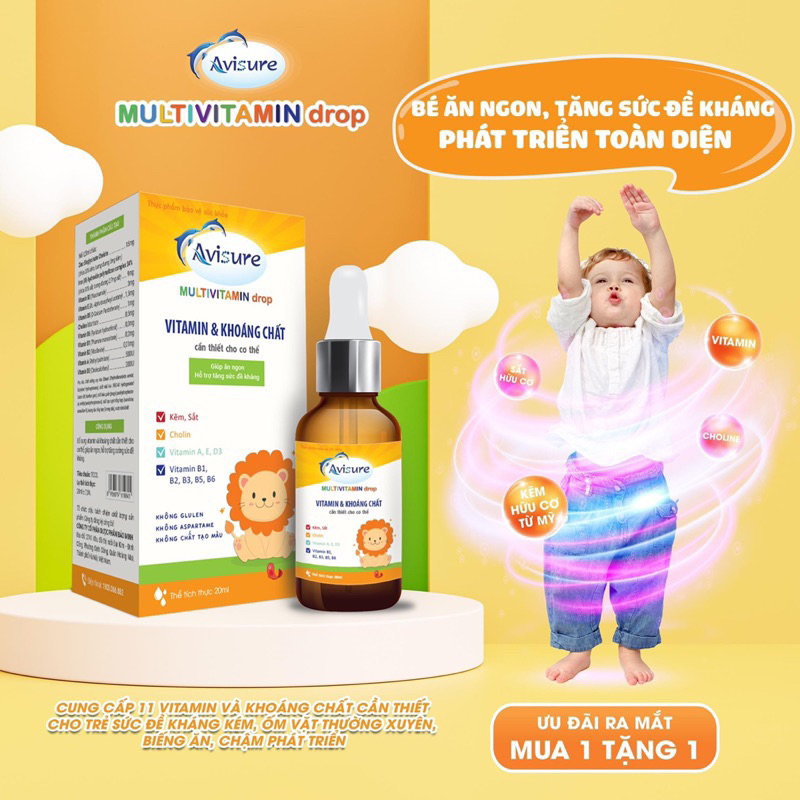 Avisure Multivitamin drop Chai 20ml - bổ sung vitamin sắt kẽm và khoáng chất giúp bé ăn ngon tăng đề khánh phát triển