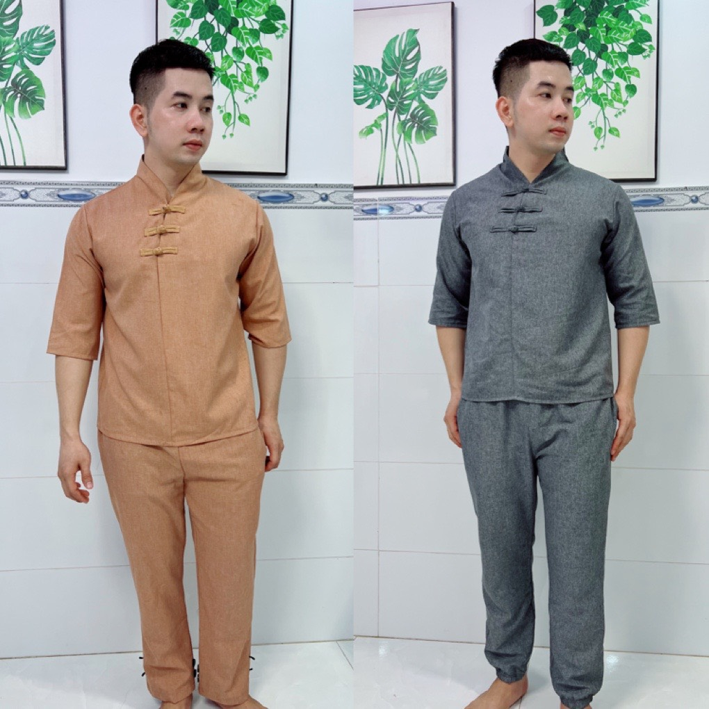 ĐỒ LAM ĐI CHÙA # MẪU 3 NÚT Q12 - VẢI LINEN GÂN