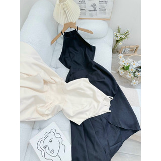 Đầm yếm xếp li eo tà đắp chéo