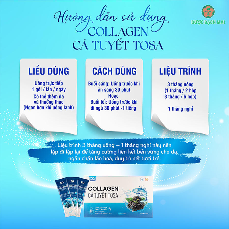 Collagen uống cá tuyết TOSA - Colagen nước thủy phân Nhật Bản Ngăn ngừa lão hóa Trắng da Mờ thâm Giảm nám, Hộp 15 gói