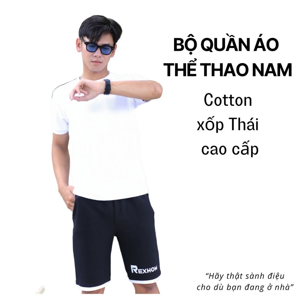 Set bộ đồ thể thao nam Rexhom cổ tròn tay ngắn trắng đen chất liệu xốp cotton Thái dập nổi dày dặn thấm hút mồ hôi