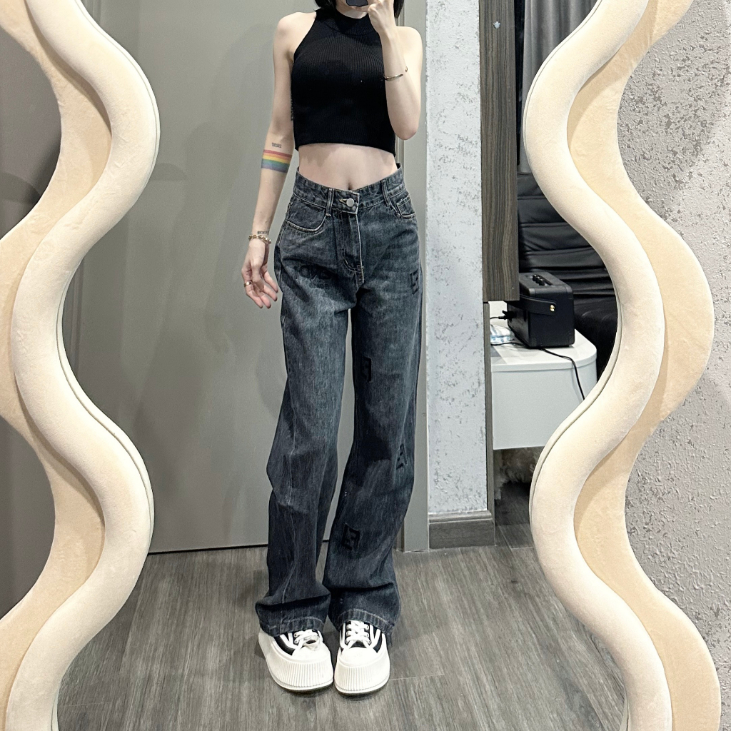 Quần ống rộng jean TALOFA cạp cao phong cách ulzzang màu xanh 8307 | BigBuy360 - bigbuy360.vn