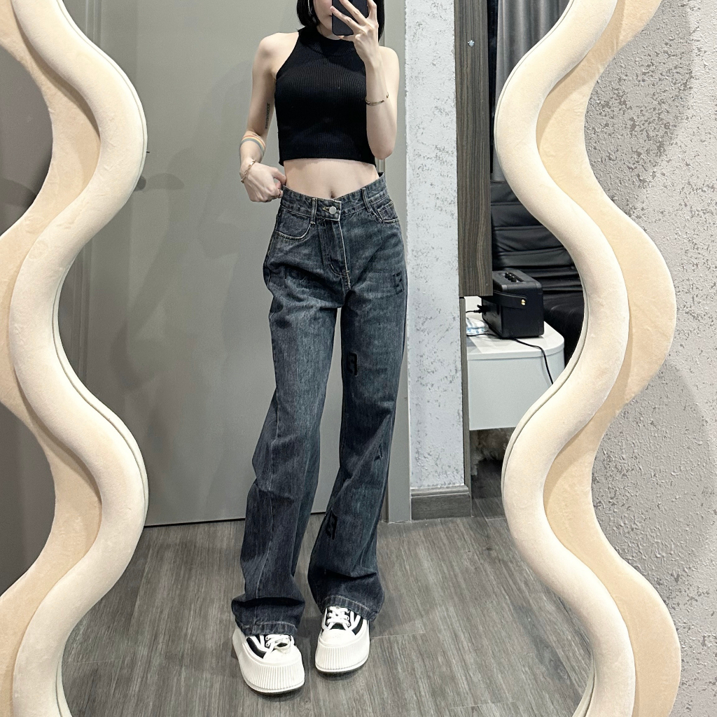 Quần ống rộng jean TALOFA cạp cao phong cách ulzzang màu xanh 8307 | BigBuy360 - bigbuy360.vn