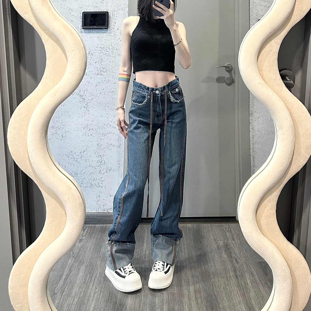 Quần jean nữ TALOFA ống rộng gấu gập cá tính trẻ trung năng động màu xanh 1761 | BigBuy360 - bigbuy360.vn