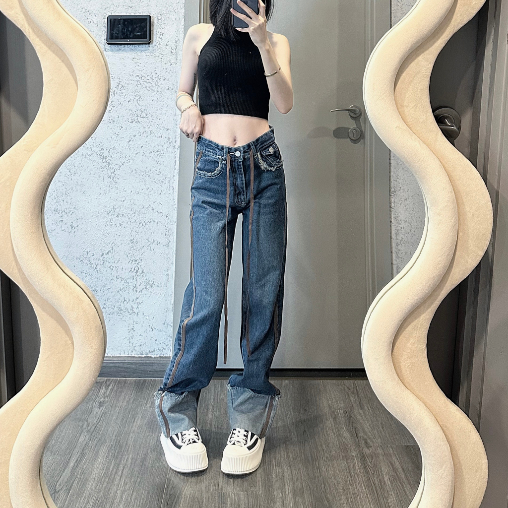 Quần jean nữ TALOFA ống rộng gấu gập cá tính trẻ trung năng động màu xanh 1761 | BigBuy360 - bigbuy360.vn