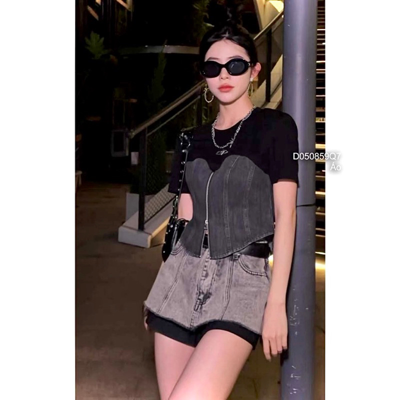 Bigsize Áo thun nữ croptop phối jeans dây kéo 55-95kg