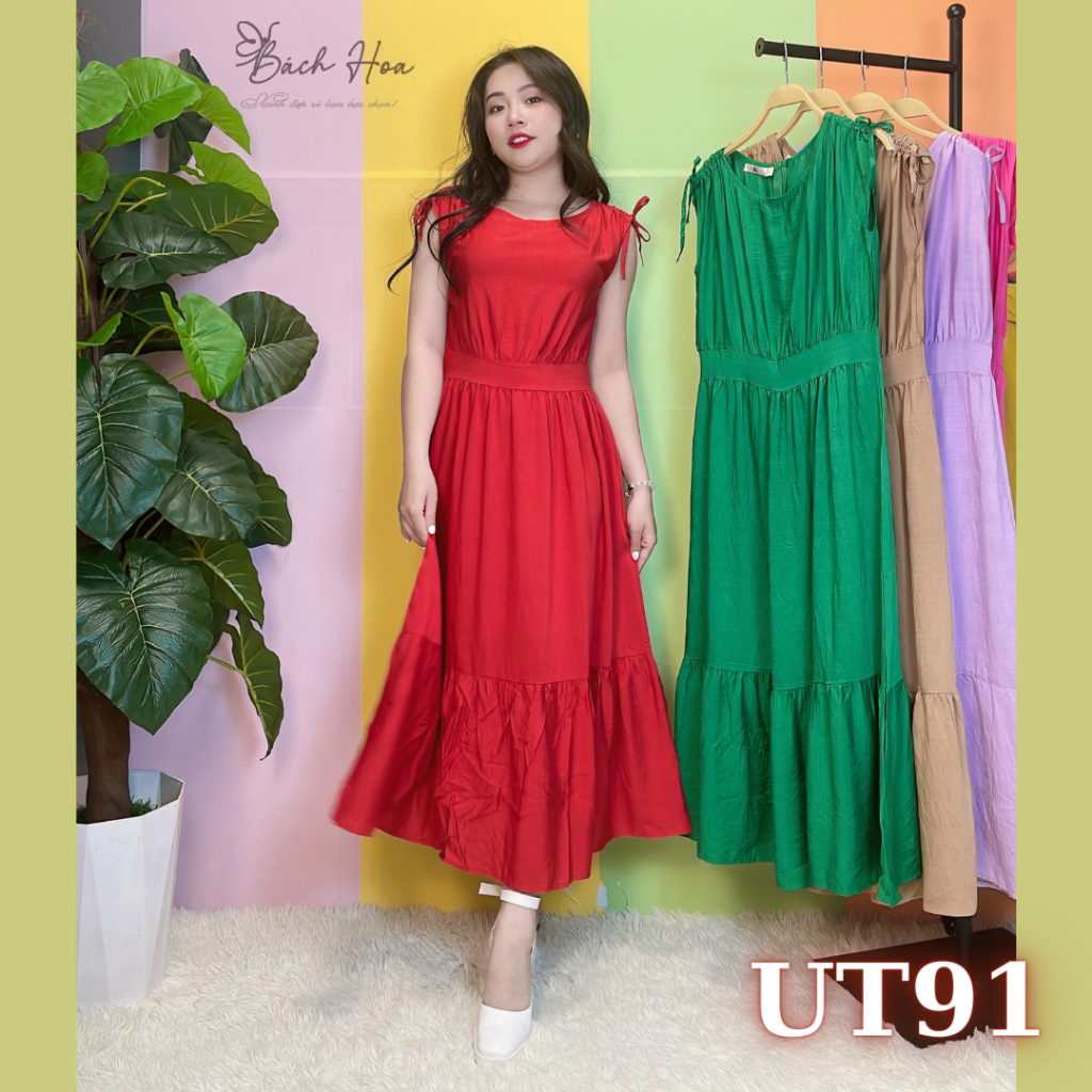 Đầm Maxi Lụa Linen Xước đơn giản dáng váy dài dây rút Cổ Thuyền - UT91